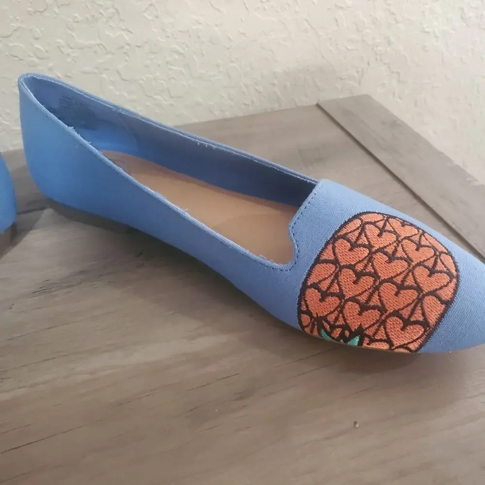So Authentic Pineapple Flats Womens Size 9 Blue Canvas Slip On Embroidered Fruit